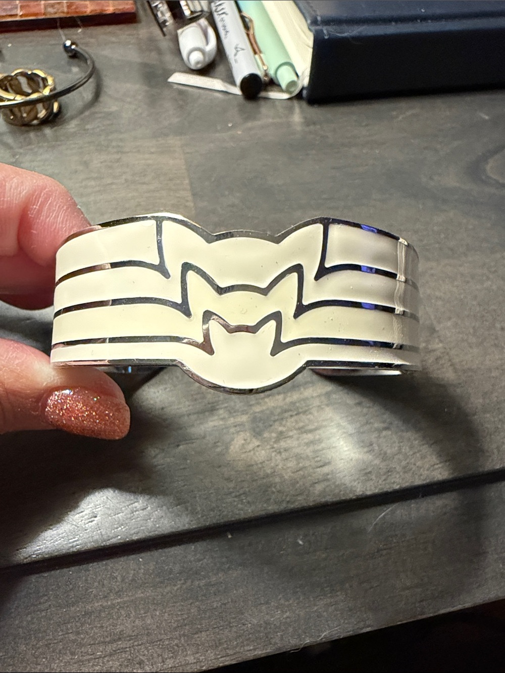 White and Silver Enamel Cat Cuff Bracelet